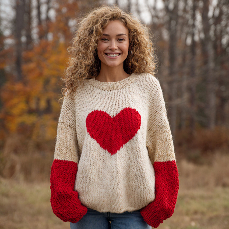 Women's Valentine's Day Heart Pattern Color Blocking Knitted Cardigan