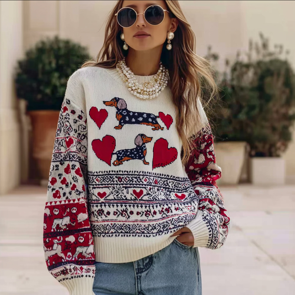 Valentine's Day Heart Dog Art Stripe Jacquard Crew Neck Sweater