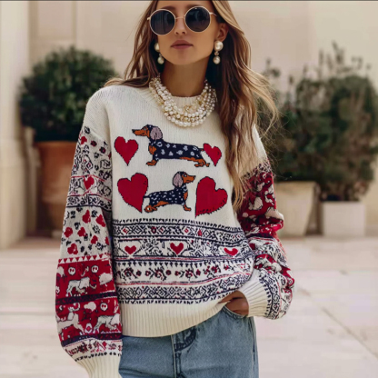 Valentine's Day Heart Dog Art Stripe Jacquard Crew Neck Sweater