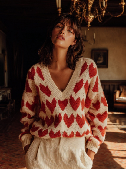 Vintage Valentine's Day Hearts Pattern V Neck Cozy Sweater