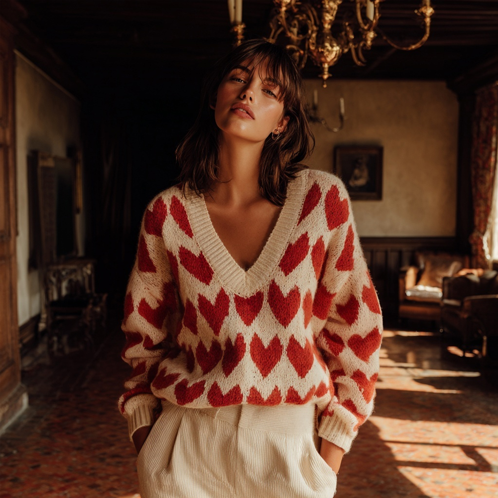 Vintage Valentine's Day Hearts Pattern V Neck Cozy Sweater
