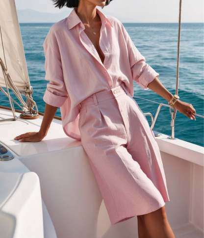 Long-sleeved Shirt Wide-leg Shorts Cotton and Linen Suit