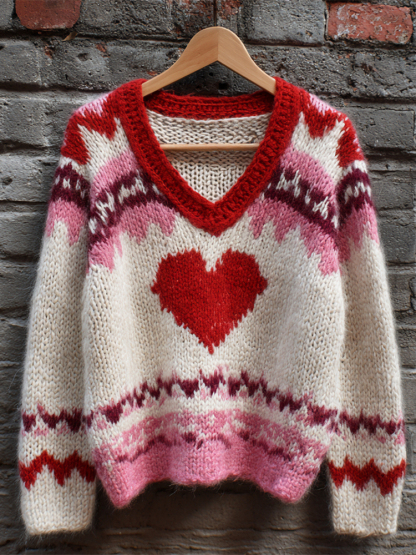 Love Geometric Pattern Women's V-neck Sweater
