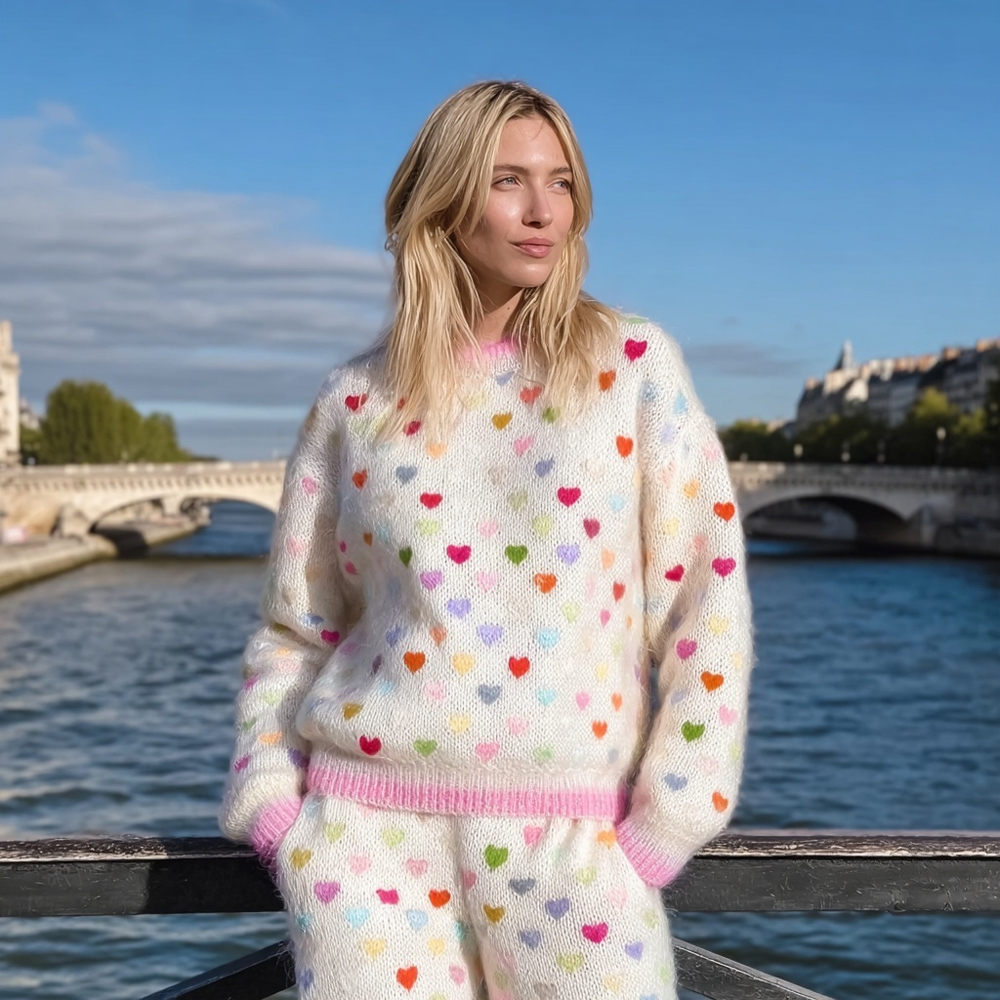 Vintage Colorful Hearts Art Pattern Comfy Knit Sweater