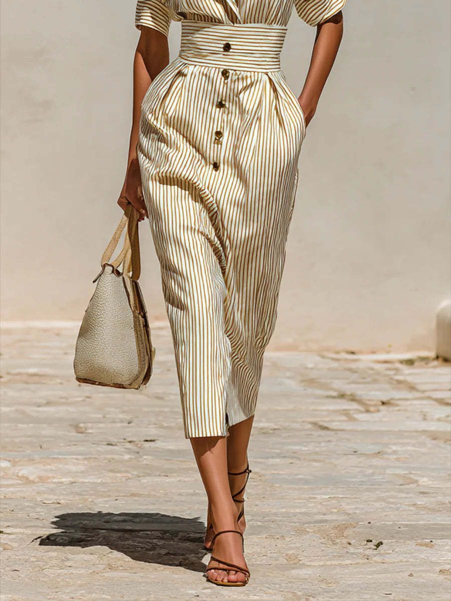 Striped Lapel Short Sleeve Waist Midi Dress
