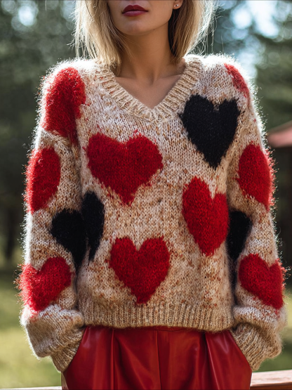 Valentine's Day Love Heart Pattern Women's V-neck Sweater