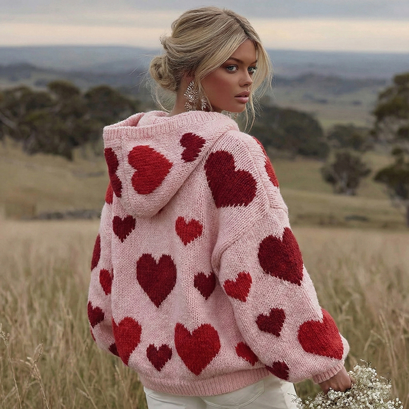 Women's Valentine's Day Heart Pattern Knit Hoodie