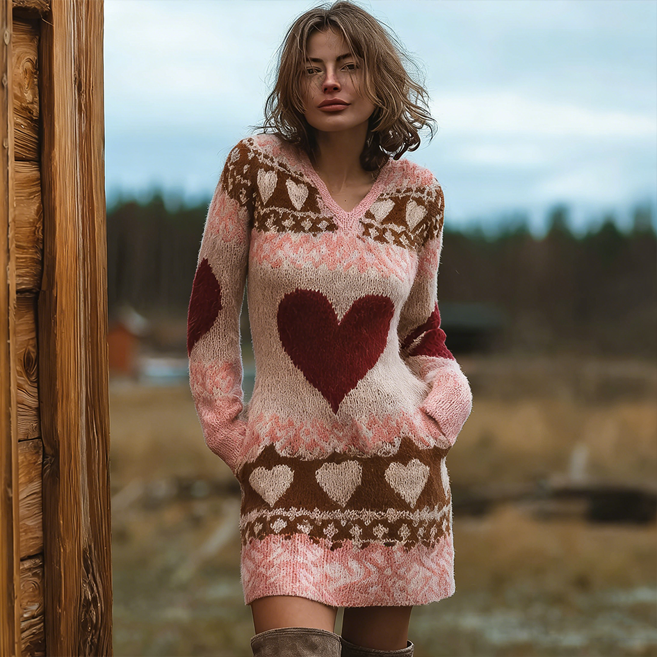 Valentine's Day Love Heart Pattern Women's V-neck Sweater Dress