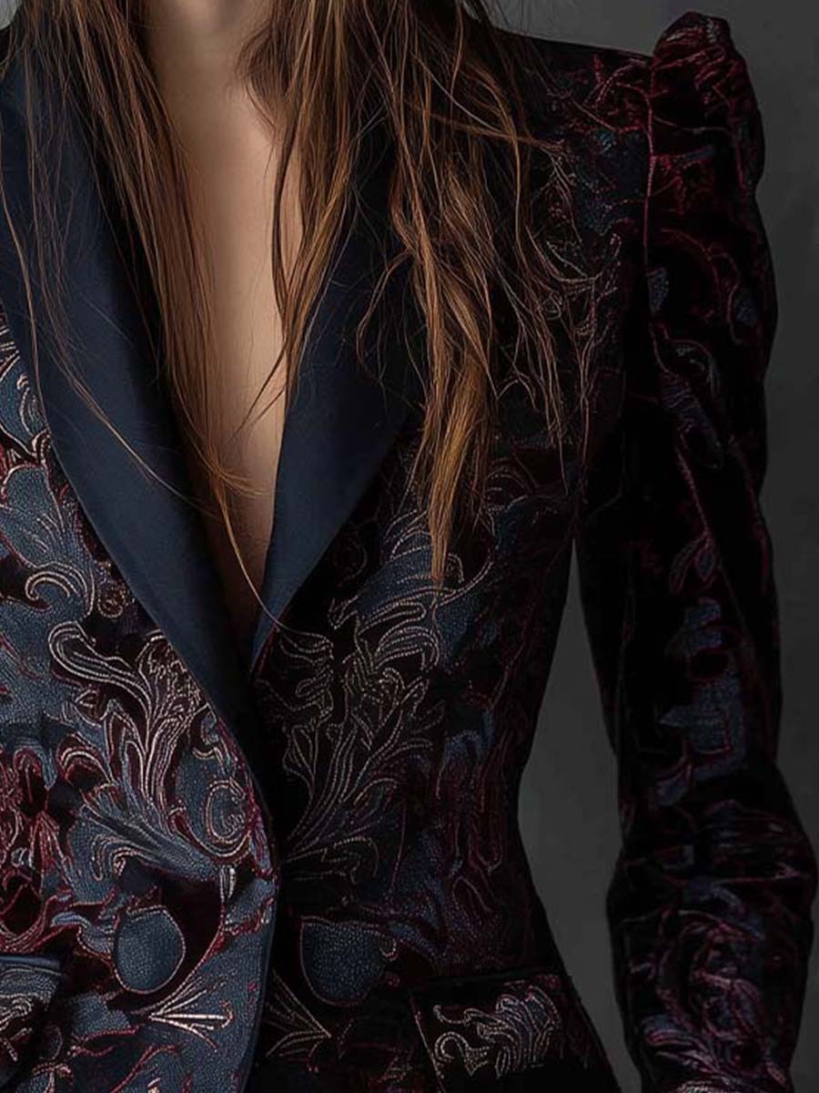 Baroque Pattern Polyester Velvet Print Blazer