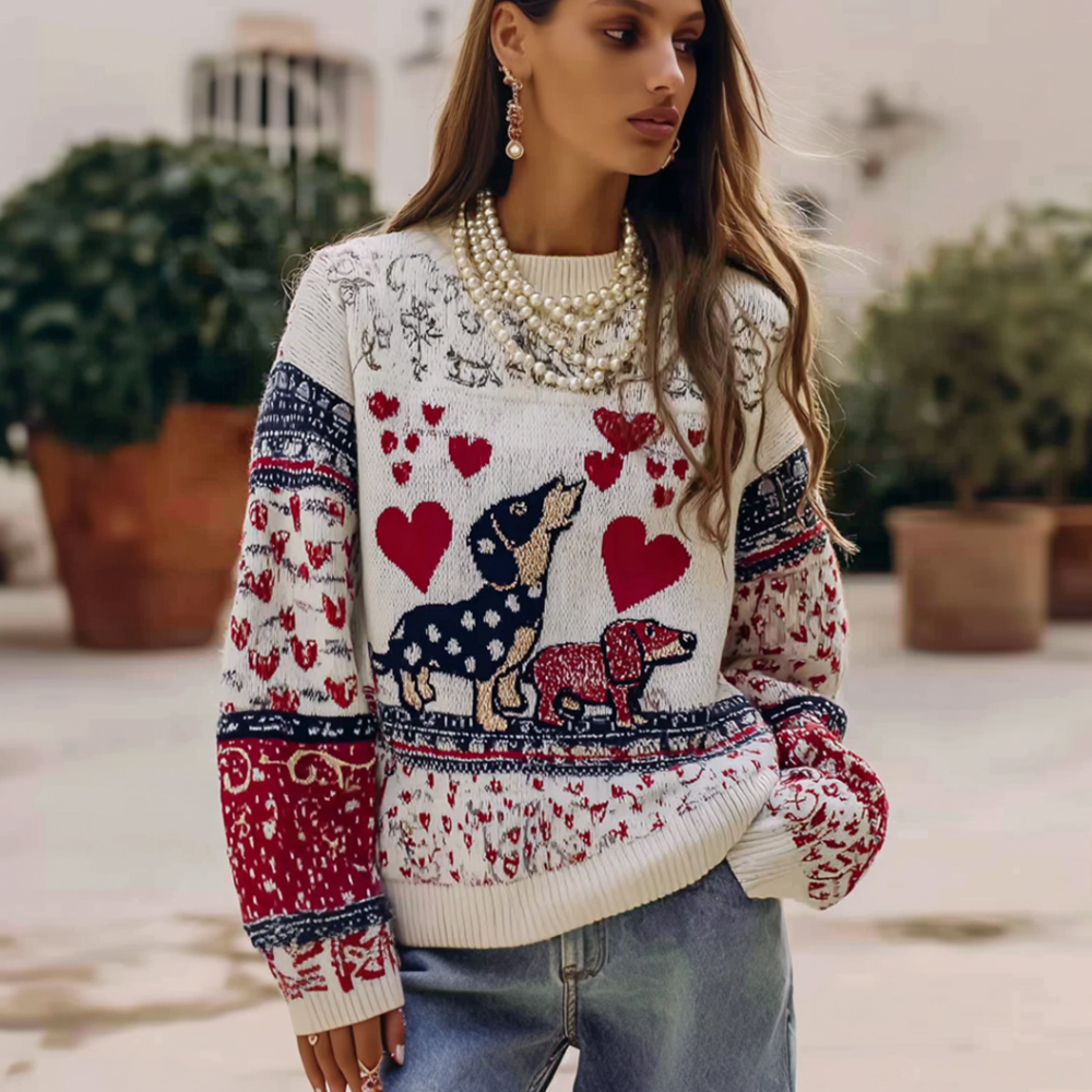 Valentine's Day Love Dogs Art Jacquard Warm Round Neck Sweater