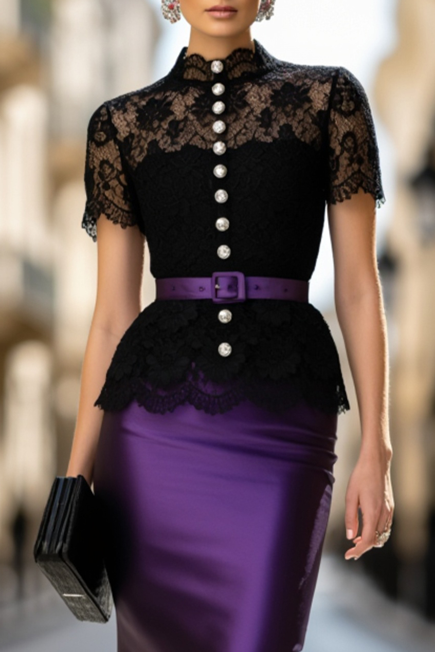 Evening Set Black Lace Belted Top with Purple Mermaid Maxi Skirt