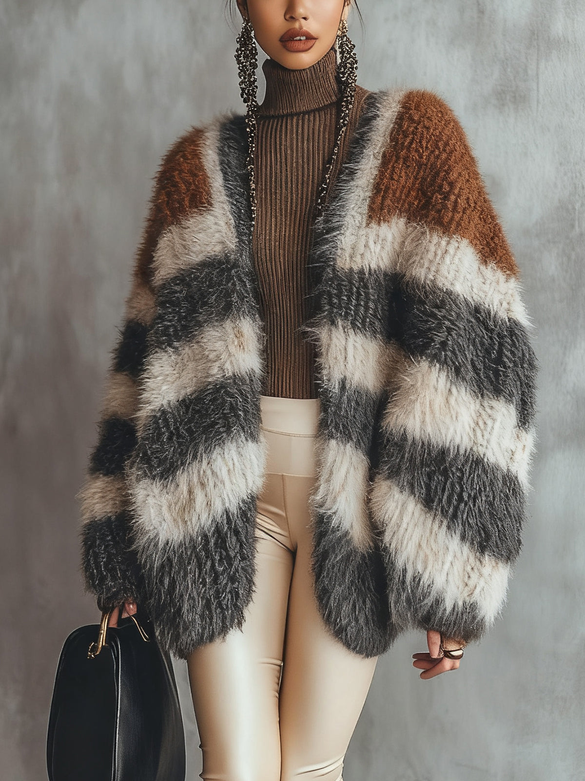 Colorblock Striped Furry Knit Cardigan