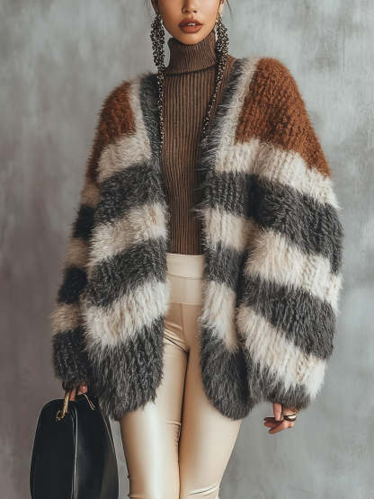 Colorblock Striped Furry Knit Cardigan