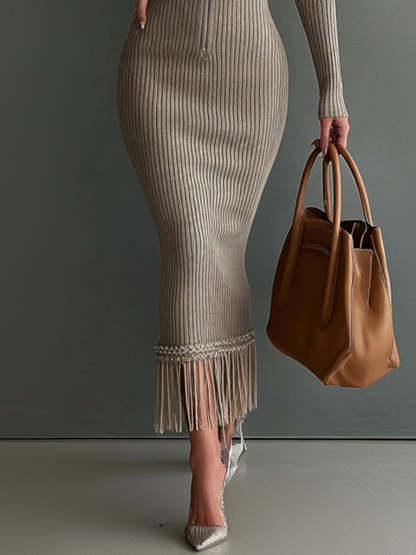 Taupe Zippered Knit Fringe Bodycon Dress