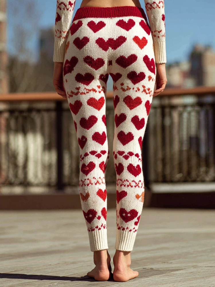 Cute Valentine's Day Hearts Pattern Cozy Knit Leggings
