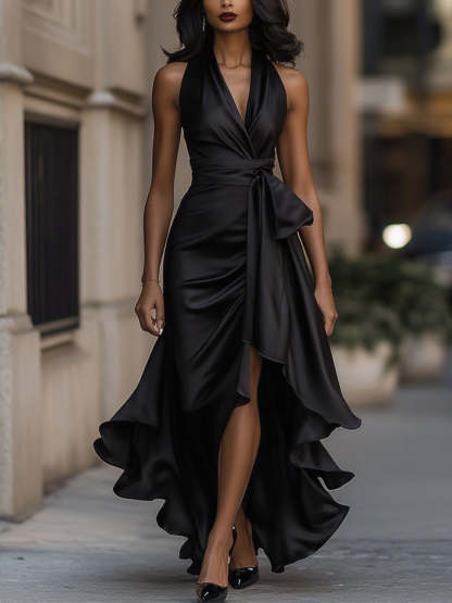 Midnight Elegance Satin Halter Ruffle Gown