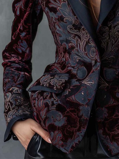 Baroque Pattern Polyester Velvet Print Blazer