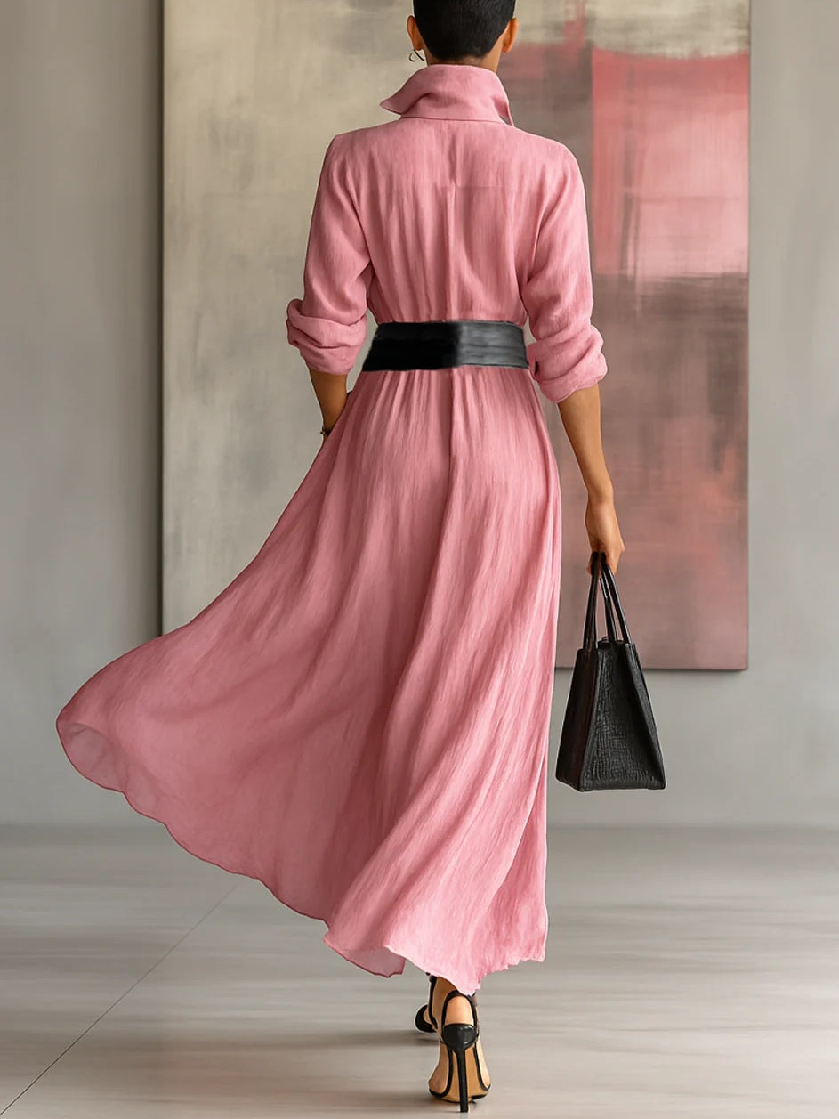 Pink Lapel Long-sleeved Single-breasted Tie-down Maxi Shirt Dress