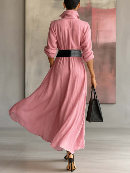 Pink Lapel Long-sleeved Single-breasted Tie-down Maxi Shirt Dress