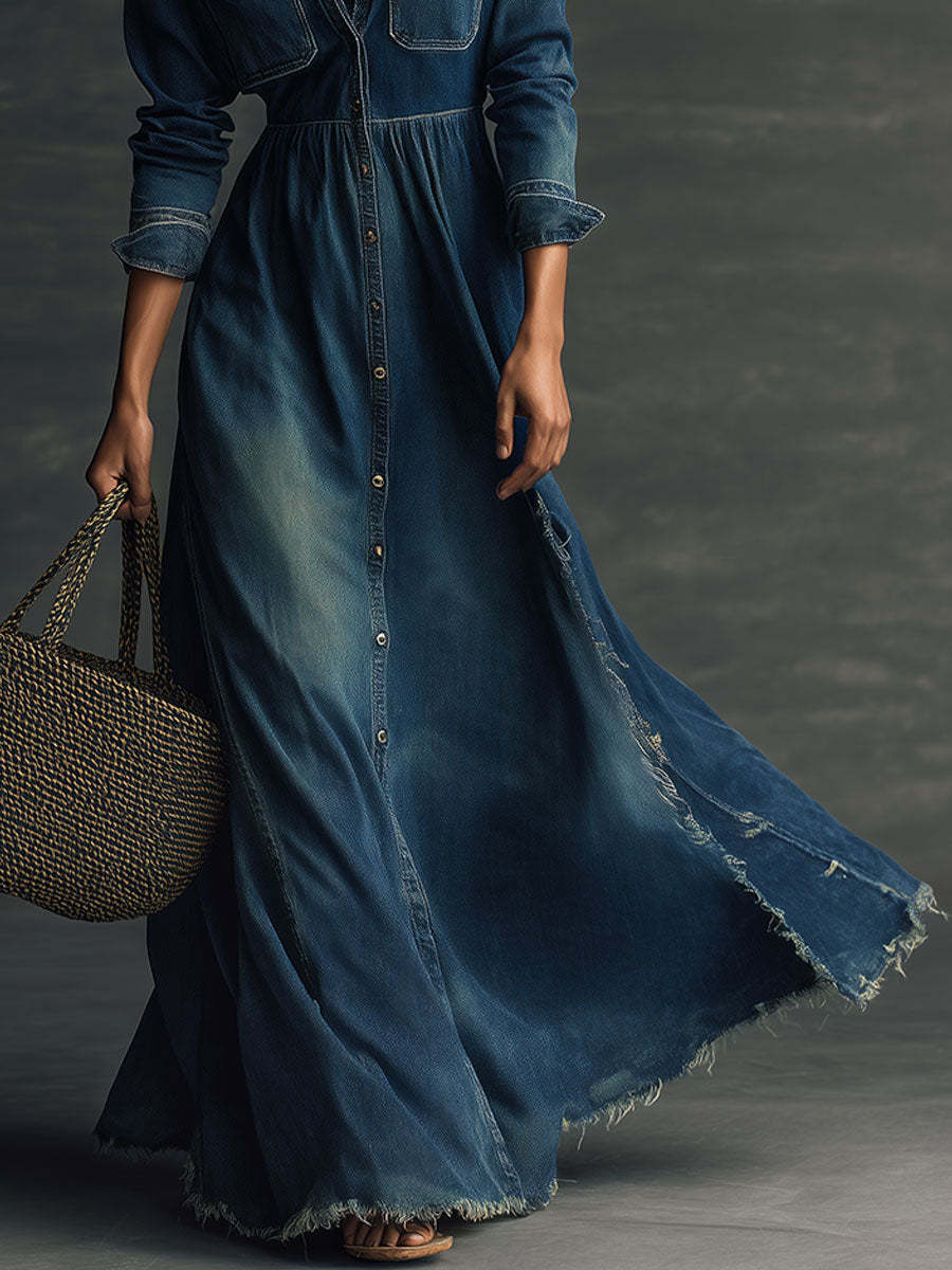 Stylish Stand Collar Washed Raw Hem Maxi Dress