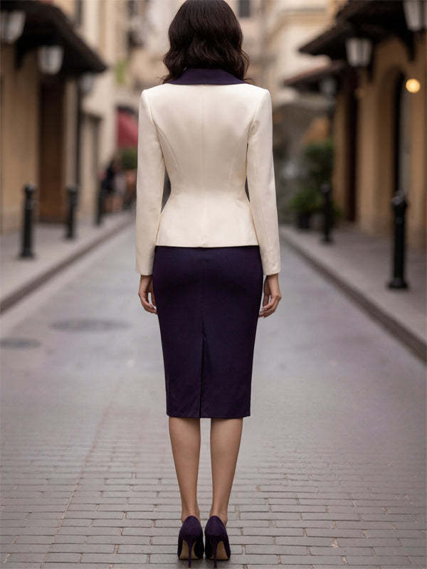 Two-piece suit with cream blazer and dark blue skirt