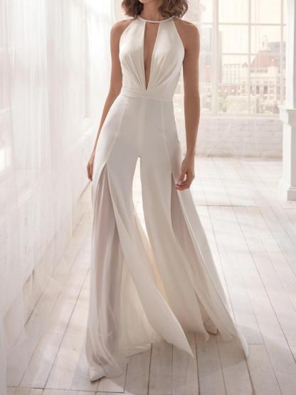 White V-neck halter jumpsuit