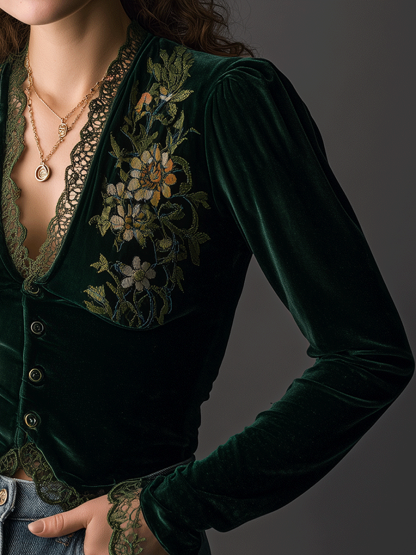 Floral Embroidered Velvet Shirt