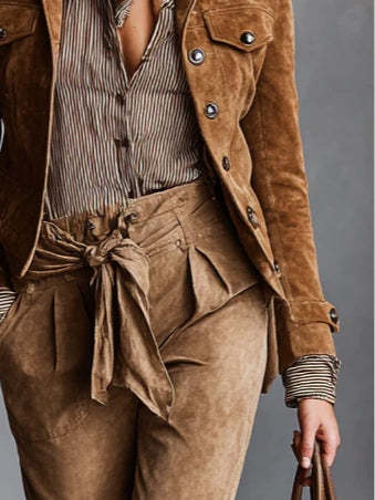 Brown Suede Single-Breasted Lapel Cropped Jacket