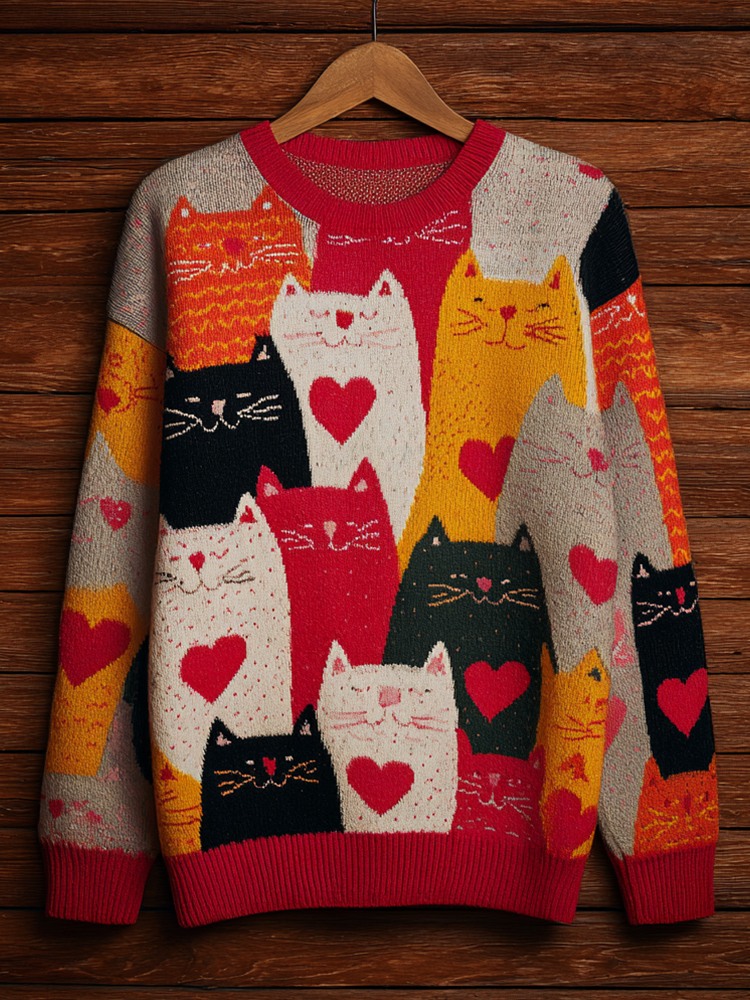 Valentine's Day Fun Cat Pattern Women's Round Neck Knit Sweater