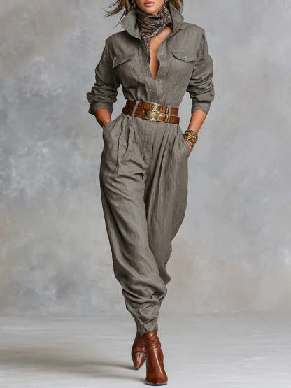 Cotton And Linen Blended Long Sleeve Shirt Jumpsuit