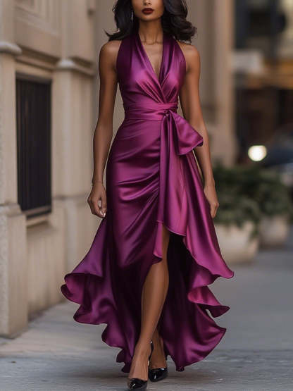 Midnight Elegance Satin Halter Ruffle Gown