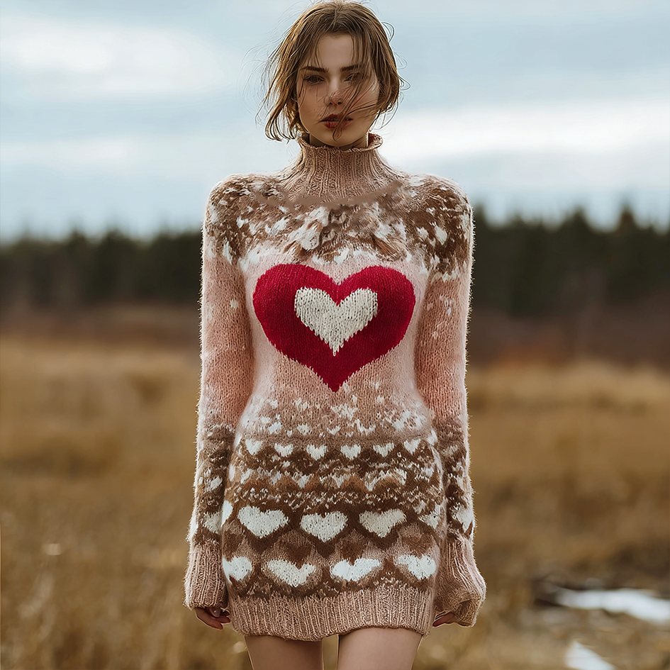 Valentine's Day Love Heart Pattern Women's High Neck Sweater Dress