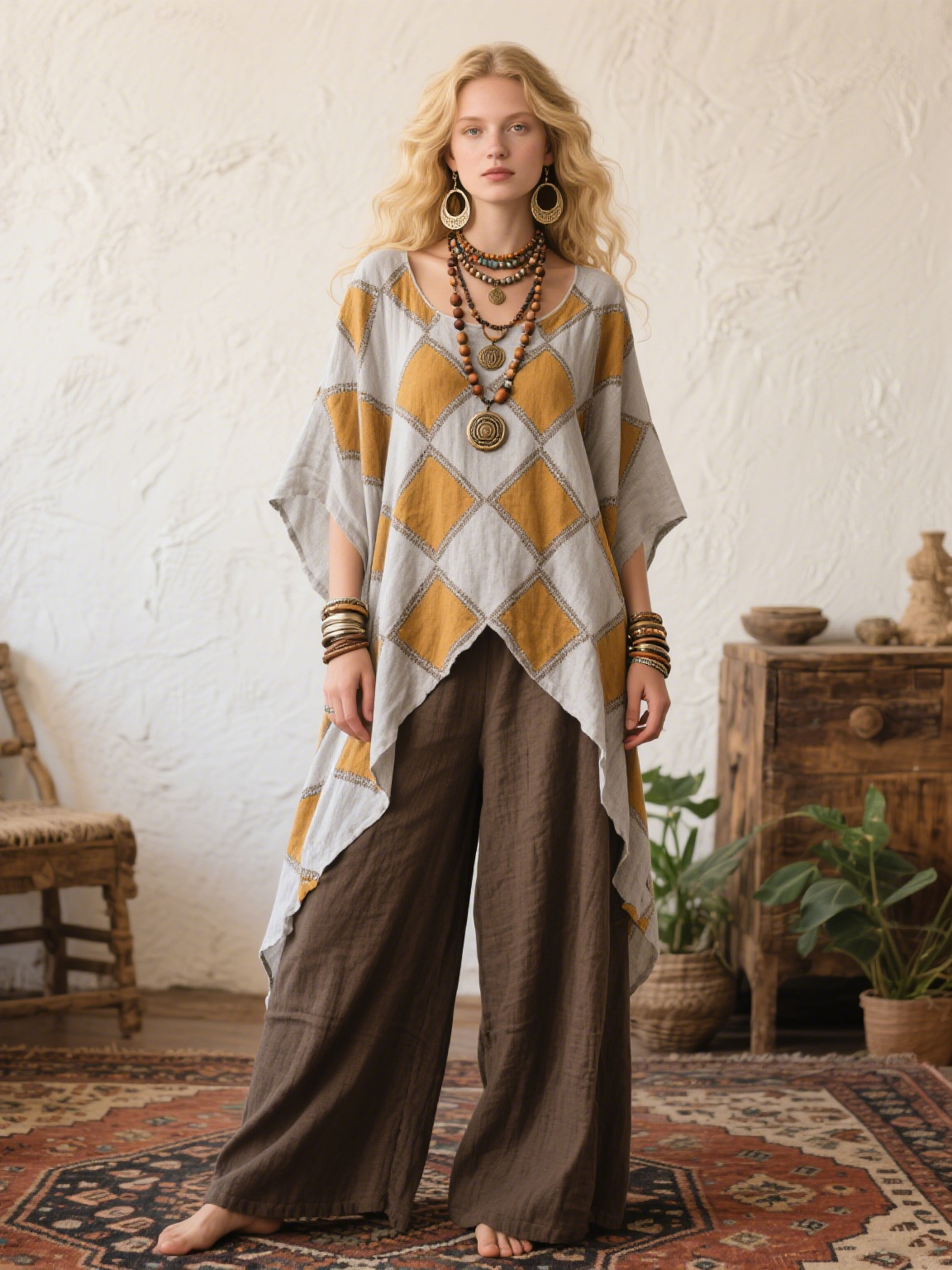 Yellow Diamond Pattern Creative Retro Style Loose Set