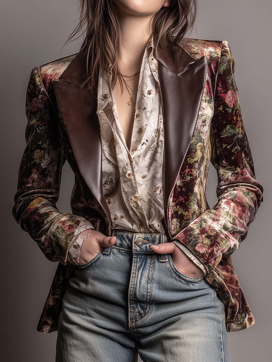 Vintage Floral Velvet Blazer With Leather Lapels