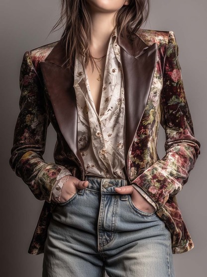 Vintage Floral Velvet Blazer With Leather Lapels