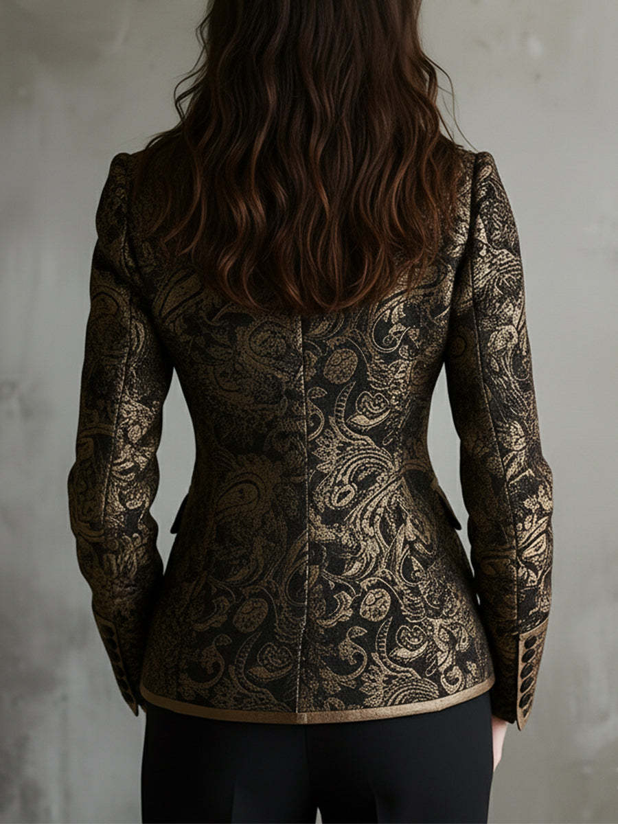 Quiet Luxury Paisley Jacquard Wrapped Lapels Fitted Blazer