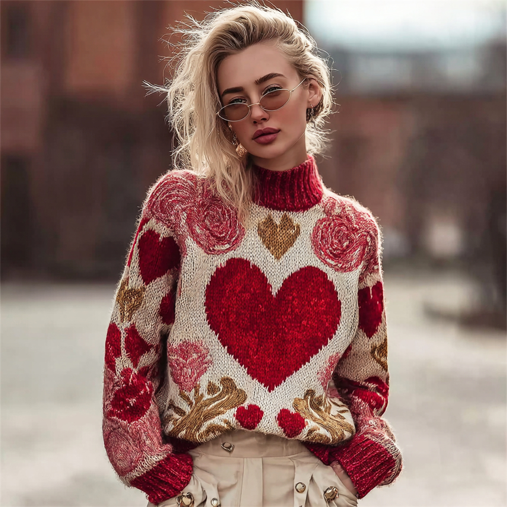 Valentine's Day Heart & Rose Women's Cozy Turtleneck Sweater