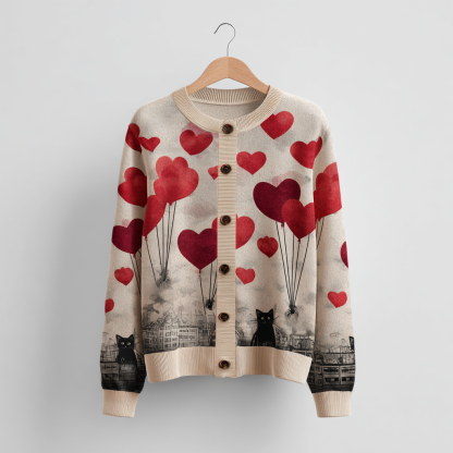 Valentine's Day Fun Cat Pattern Women's Round Neck Knit Sweater Coat
