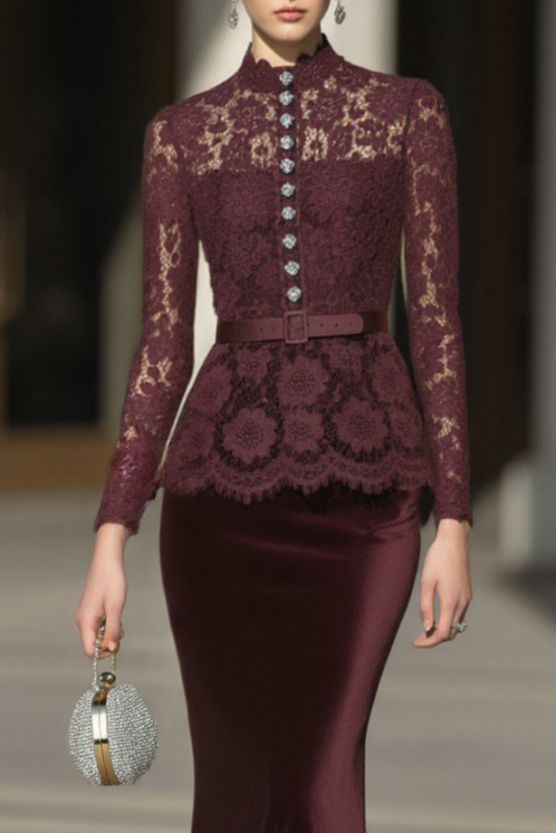 Evening Set Purple Lace Long Sleeve Top with Velvet Mermaid Maxi Skirt