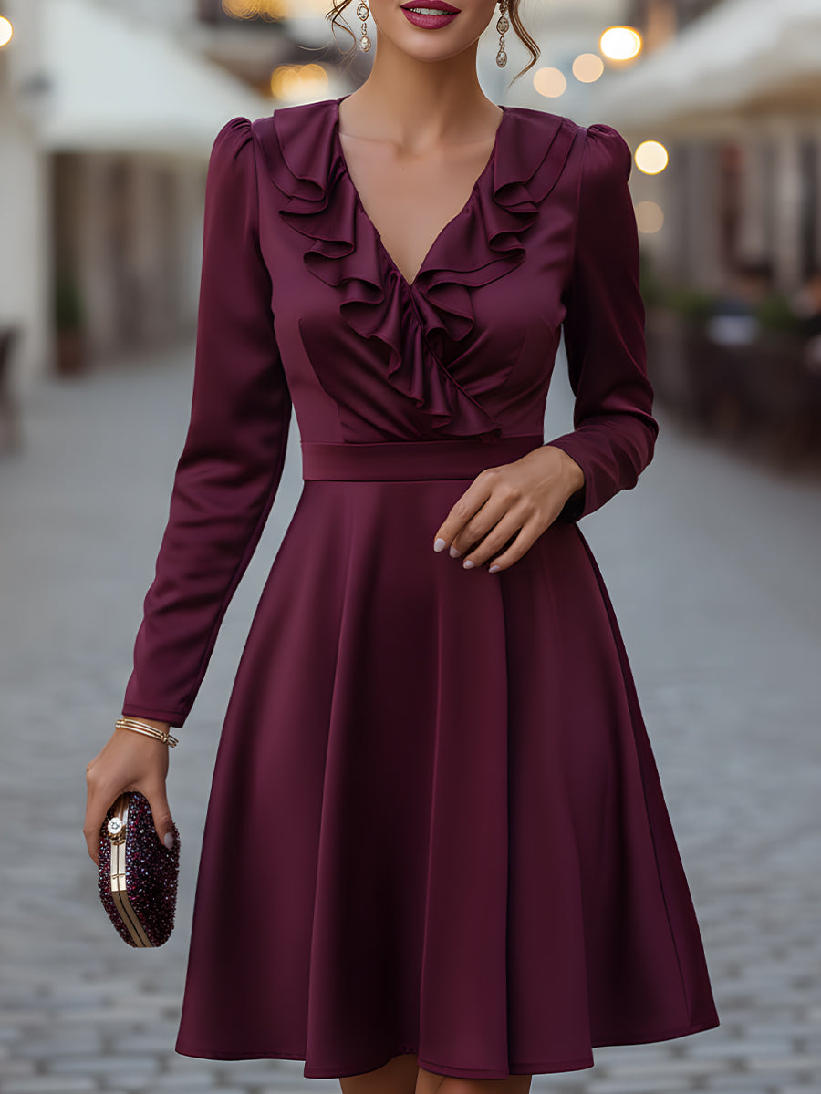Satin Ruffled V-Neck A-Line Dress