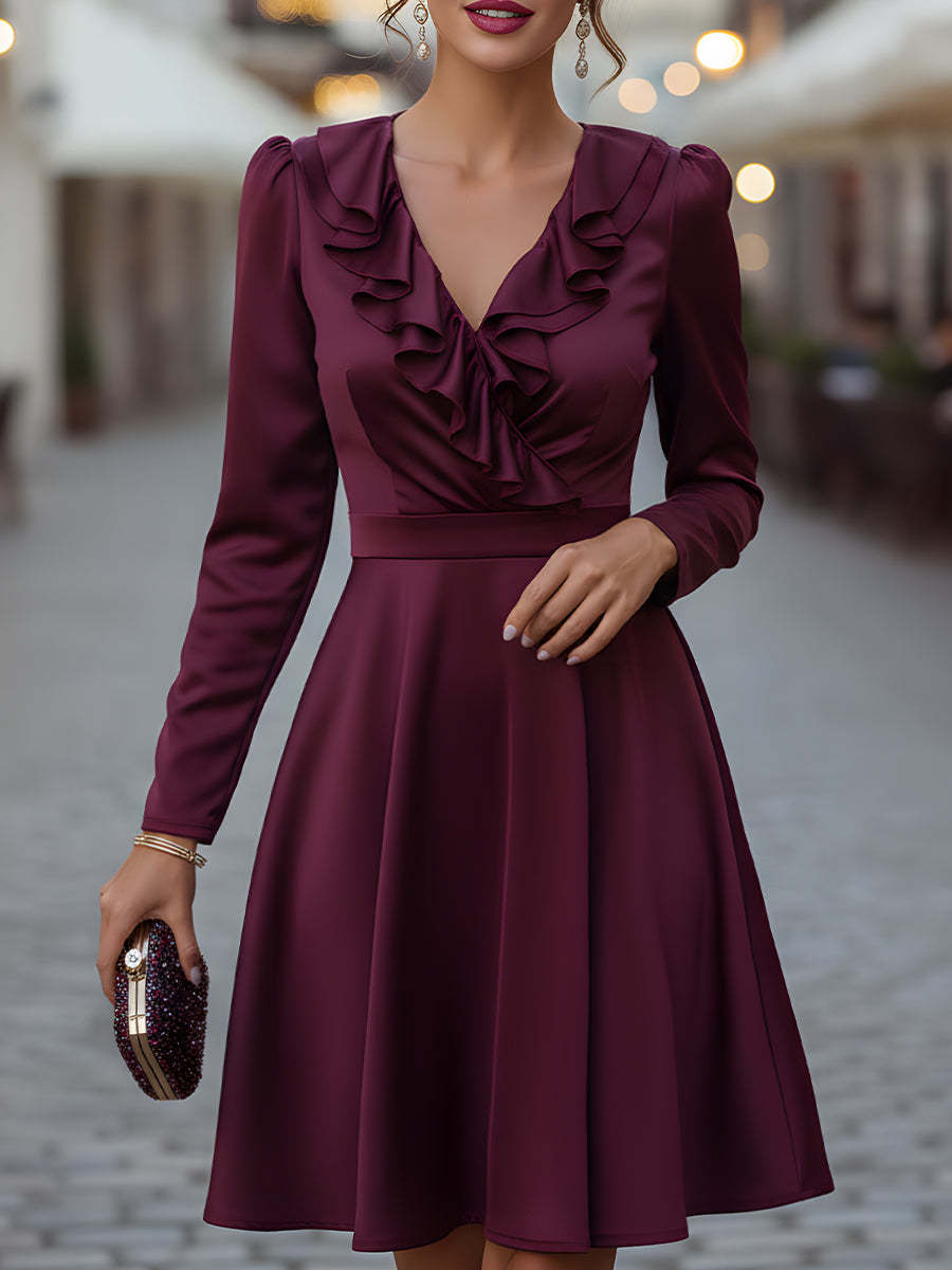 Satin Ruffled V-Neck A-Line Dress