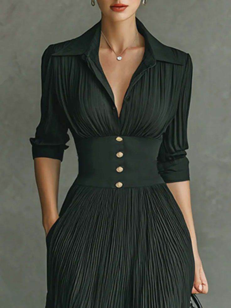 Elegant Pleated Lapel Waisted Long-sleeved Maxi Dress