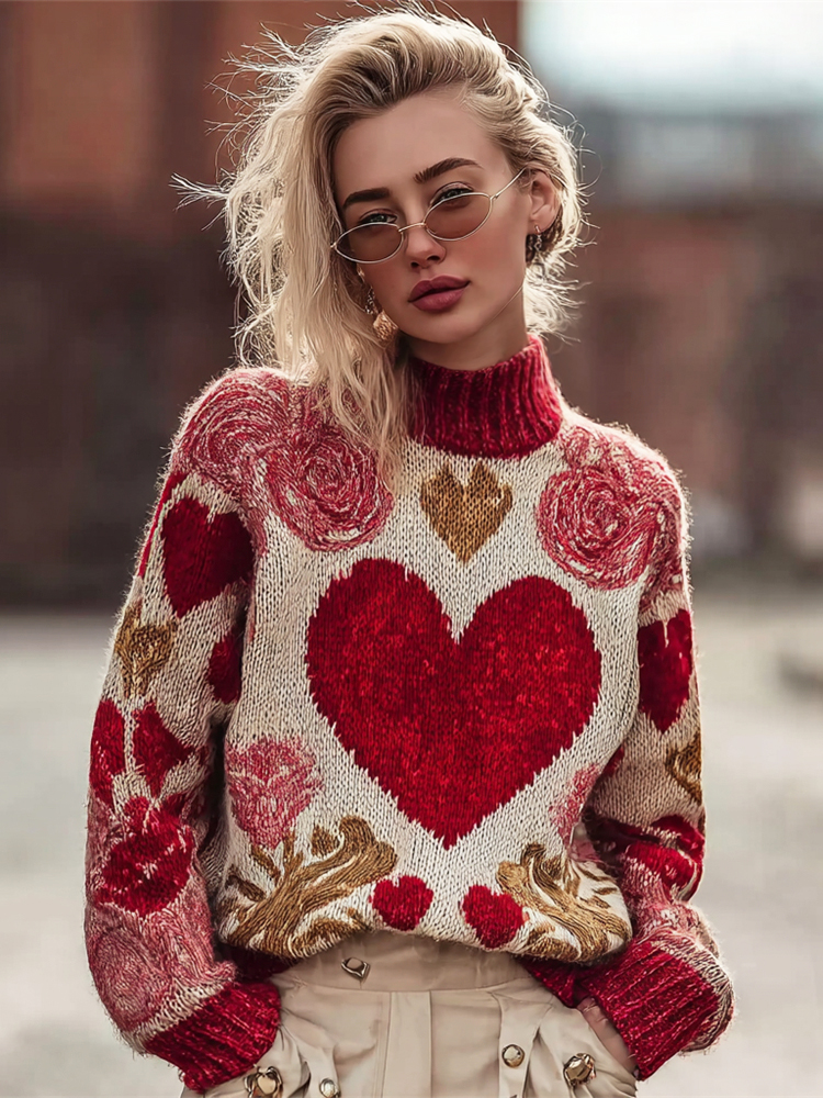 Valentine's Day Heart & Rose Women's Cozy Turtleneck Sweater