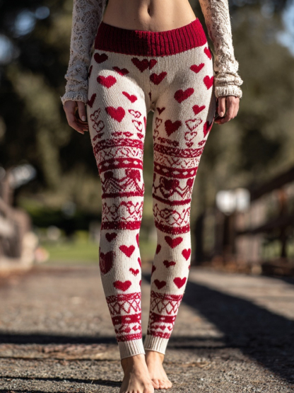 Vintage Valentine's Day Hearts Pattern Cozy Knit Leggings