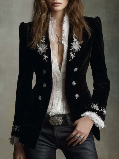 Vintage Embroidered Puff Sleeves Velvet Lapels Blzaer