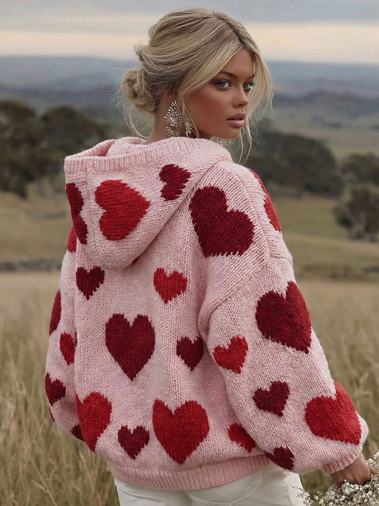 Women's Valentine's Day Heart Pattern Knit Hoodie