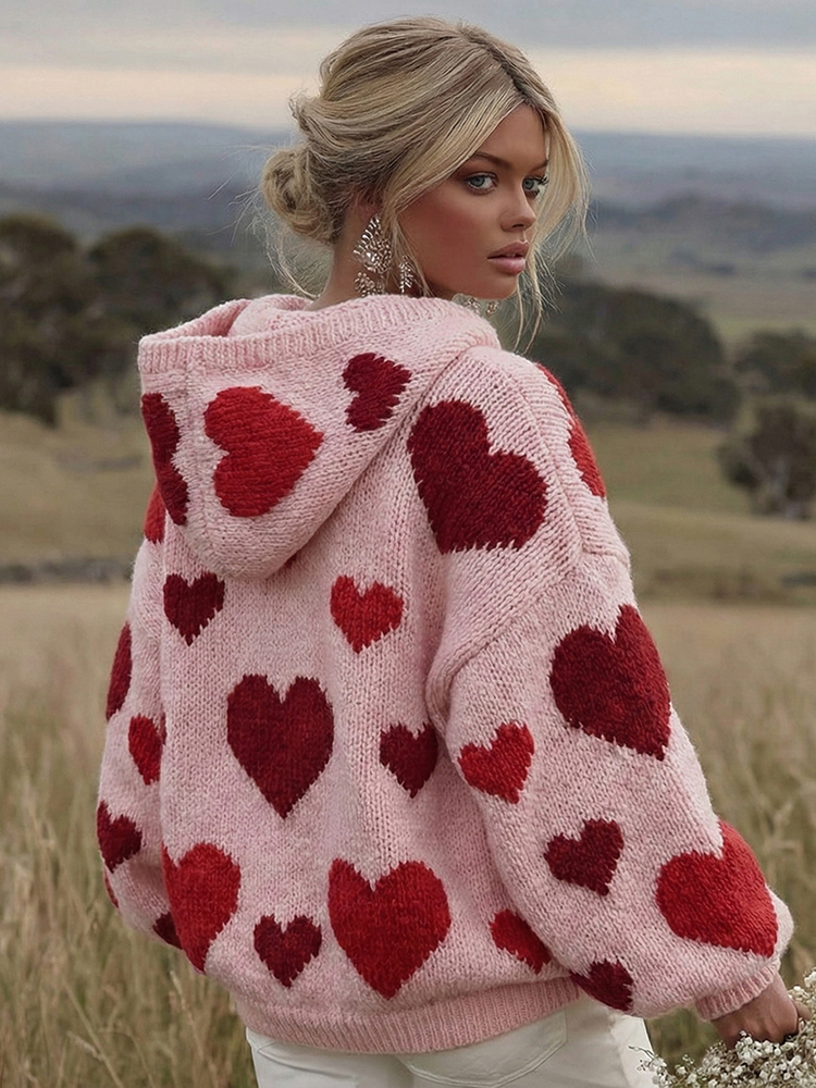 Women's Valentine's Day Heart Pattern Knit Hoodie