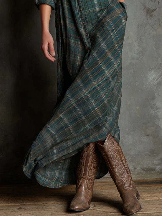Green Plaid Lapel Single-Breasted Shirt Long Dress
