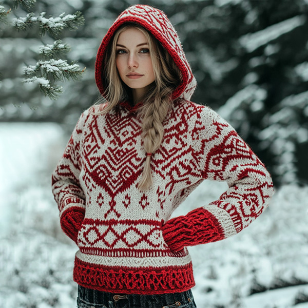 Women's Vintage Viking Valentine's Day Love Jacquard Hooded Sweater