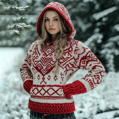 Women's Vintage Viking Valentine's Day Love Jacquard Hooded Sweater